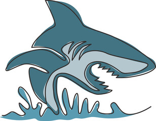 One single line drawing of ruler of the sea, shark for company logo identity. Dangerous sea fish concept for ocean nature peace organization mascot. Continuous line draw design vector illustration