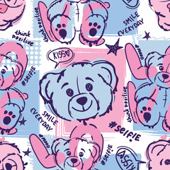 hand drawn pattern with bears toys. Cool background for girls. For clothes, prints, textiles

