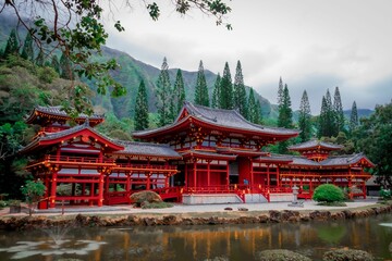 Low-angle of a red and black temple near lake in winter on a gloomy day