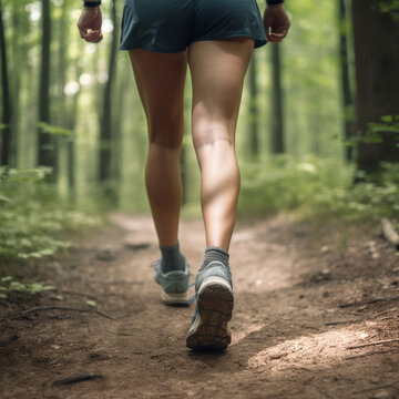 Lady trail runner on forest path with close up of legs, generative AI	