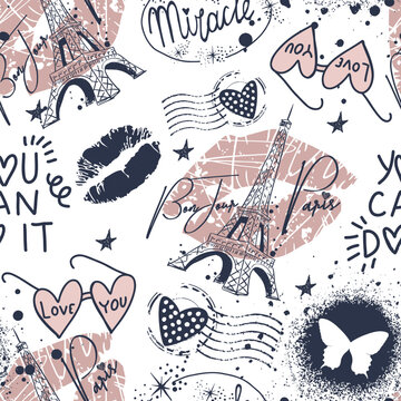 Fashion seamless pattern. Bonjour Paris. pattern with original calligraphic fonts, sketch Eiffel Tower and heart. for  fashion clothes, t shirt, child, wrapping paper. Creative girlish design  