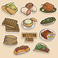 Set of Western Food Cute Sticker Illustration