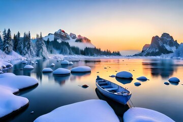Winter landscape with Blue ice and boat , lake and mountain