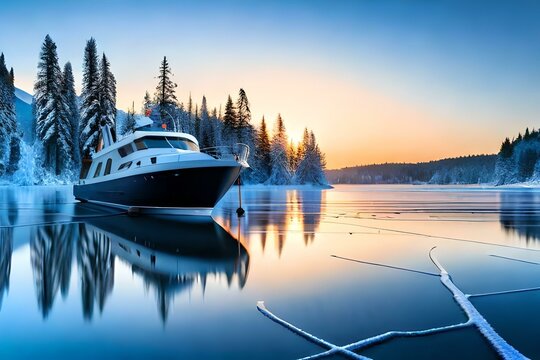 Winter landscape with Blue ice and boat , lake and mountain