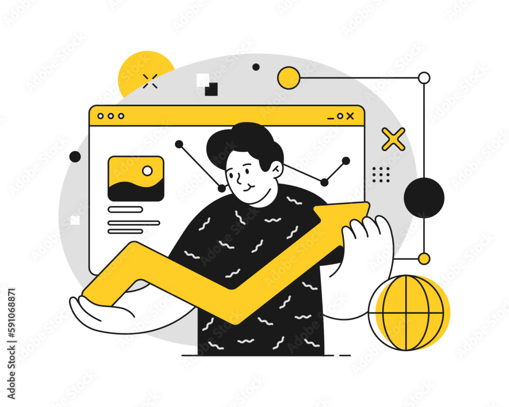 Aufkleber Employee working on business strategy for improving website conversion. Designer or programmer, analytics and planning approach. Vector in flat cartoon illustration