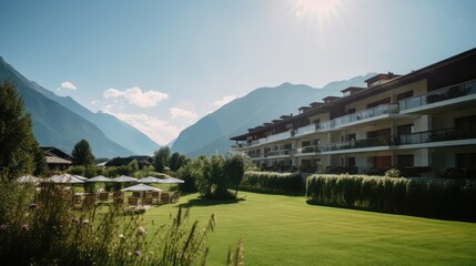 A beautiful holiday resort in the alps. Bright sunlight  and a beautiful nature. Generative AI image
