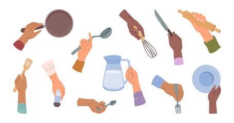 Preparing dishes and cooking meal, isolated hands with kitchenware and cutlery. Making food, baking and frying on pan. Vector in flat cartoon illustration