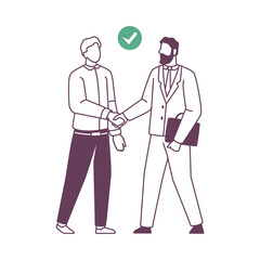 Partnership and agreement between businessmen. Handshaking employees, common interest and deal or settlement, support. Vector in flat cartoon illustration