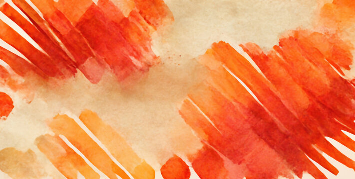 Paint strokes abstract background. Watercolor design. Bright orange red color gradient brush lines stains on weathered paper creative grunge art illustration with free space.
