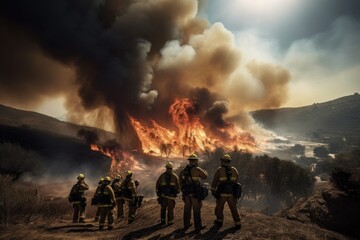 Fototapeta na wymiar US Firefighters in Action, Forest Fire, Generative AI