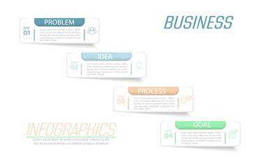 Business infographics. 4 stages of achieving the goal. Stages of the workflow, development, marketing, plan or training. Business strategy with icon icons. Report or statistics schema