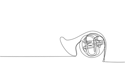 French horn one line art. Continuous line drawing of musical, classic, melody, acoustic, symphonic, horn, french, ensemble, orchestra, trumpet.