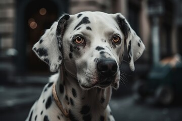 Illustration of a Dalmatian dog relaxing on a busy city street, surrounded by people and buildings created with Generative AI technology