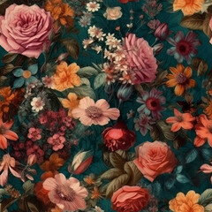 An Explosion of Color: Hyper Realistic Vintage Florals with an Intricate Seal Pattern