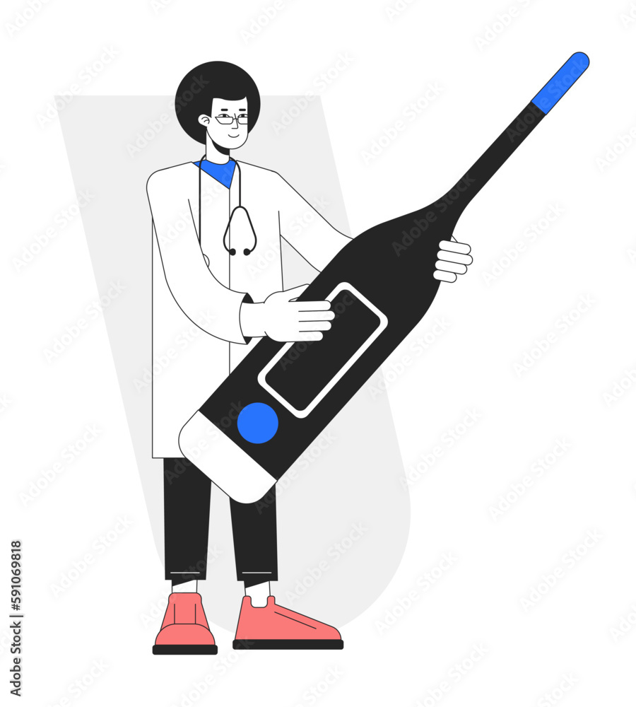 Poster physician with digital thermometer for fever flat line concept vector spot illustration. doc 2d cart