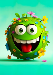 Fototapeta premium Earth Day. Green planet earth with eyes and mouth, Happy and smiling. Covered in plants and flowers. Ai generative