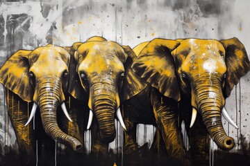 Three elephants hanging together in gold paint with gold streaks. Generative AI