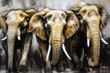 Three elephants hanging together in gold paint with gold streaks. Generative AI
