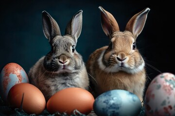 Fototapeta premium Easter bunnies at Easter time between Easter eggs. - Generative AI