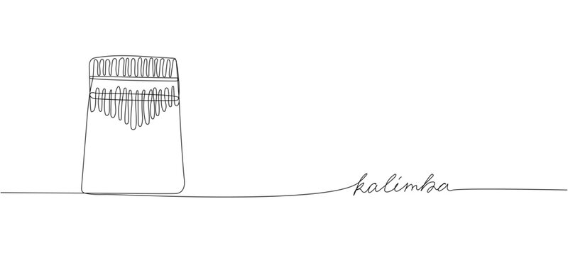 Kalimba one line art. Continuous line drawing of kalimba, mbira, instrument, musical, african, folk, melody, calimba with an inscription, lettering, handwritten.