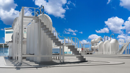 Chemical factory. Factory area with tanks. Exterior industrial structures. Warehouse chemical products in open air. Tanks for chemical fluids and mezzanine. Summer industrial landscape. 3d image - obrazy, fototapety, plakaty