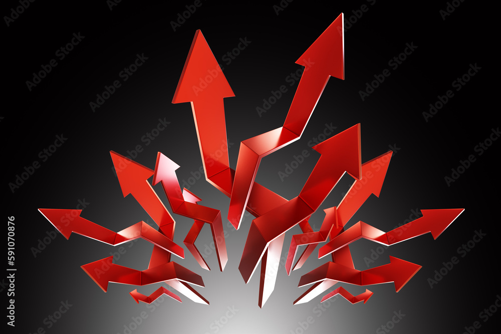 Poster background with arrows. red and black backdrop. many arrows point up. explosion from red pointers. c