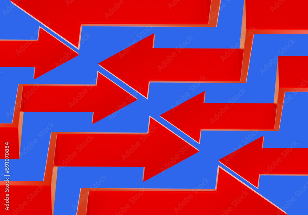 Poster arrow background. red pointers on blue. background for business advertising. arrows point to center.