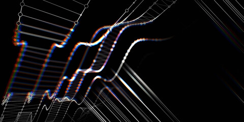 Abstract background wavy lines with white circles defocus on black. Technology concept with lines in virtual space. Big Data. Banner for business, science and technology data analytics.