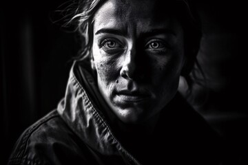 A dramatic and moody black and white portrait of a person with striking features, expressing emotion and personality. Generative Ai. Woman in stressful situation