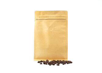 Brown craft paper bag with vacuum-sealed, zipper and pile of seeds for packaging roasted coffee...