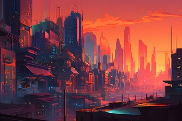 A futuristic cityscape with sleek and modern architecture, lit up by neon lights and a colorful sunset sky. Dystopian illustration. Generative Ai.