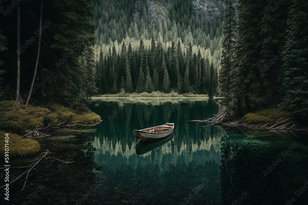 Poster dwarf forest envelops a little boat on a lake generative ai