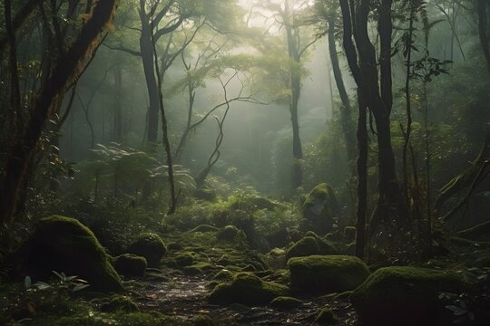 A panoramic view of a lush forest with tall trees and a misty atmosphere, showcasing the beauty and tranquility of nature. Generative Ai.