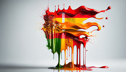 Liquid Paint Colors of Spain Country Flag Dripping and Explosion on White Backdrop Generative AI
