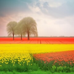 Spring field, yellow and red flowers, trees in the middle. Created using generative AI.