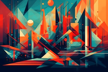 Abstract and colorful composition of geometric shapes in a dynamic and visually striking way. Colors should be bold and bright, with a futuristic and vibrant feel. Generative Ai.