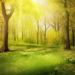 Sunny forrest wiev, relaxing colors, bright and warm colors, ease of mind. Created using generative AI.