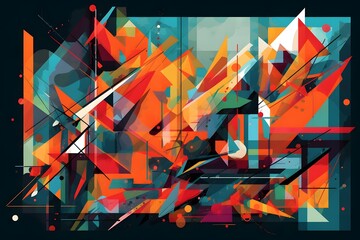 Abstract and colorful composition of geometric shapes in a dynamic and visually striking way. Colors should be bold and bright, with a futuristic and vibrant feel. Generative Ai.