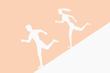 Fototapeta na wymiar A woman runs after a men down a slope. Beige background.