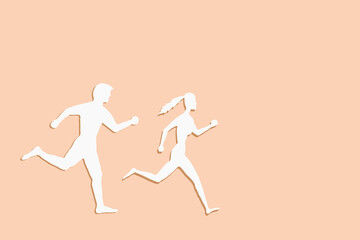 Fototapeta na wymiar Silhouette of a man chasing a woman. Beige background. Concept