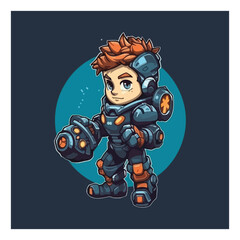 Cyborg gaming mascot. esport logo design. cute little boy playing game. flat color cartoon