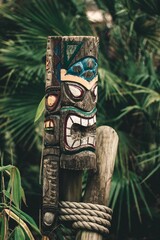 Closeup of a strange and frightful man figure of the totemism with the background of a fir tree