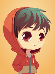 Cute green haired boy wearing red hoodie vector art illustration with orange background