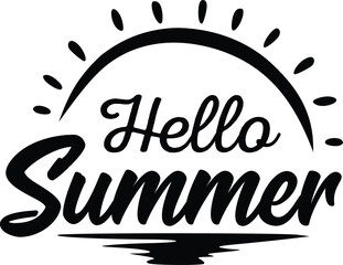 Hello Summer text with sun design, vector illustration isolated on white. ZIP file contains EPS, JPEG and PNG formats.