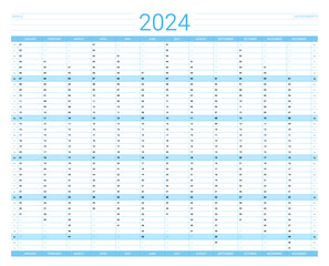 Wall yearly planner for 2024, organizer, schedule journal in blue color. Corporate business schedule journal template. Wall planner with space for personal notes vector illustration