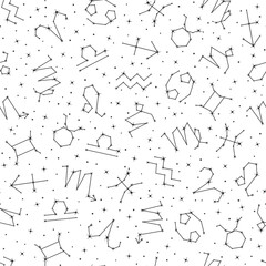 Zodiac signs seamless pattern, stars and constellations repeating print on white background for fabric, packaging, wrapping paper design. Astrology, horoscope symbols vector illustration