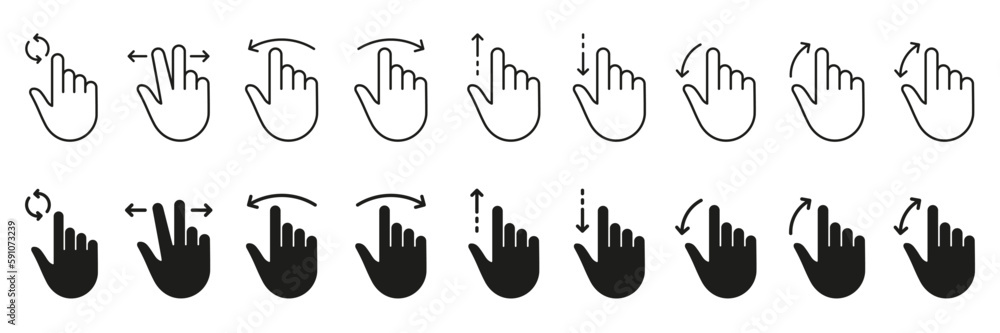 Poster computer cursor, pointer icon set. hand with finger digital mouse click line and silhouette sign. we