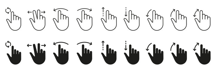 Computer Cursor, Pointer Icon Set. Hand with Finger Digital Mouse Click Line and Silhouette Sign. Website and App Interface, Press, Tap, Link, Choice Button Symbol. Isolated Vector Illustration