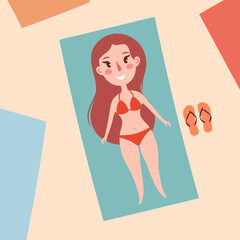Cute illustration with a girl lying on the beach. Summer vector illustration