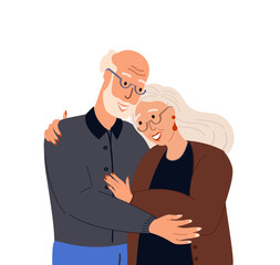Smiling Pensioners Elder Senior couple.Happy elderly retired man hug his woman.Happy relationships.Old Senior spouse wearing fashion stylish clothes.Flat vector illustration isolated,white background